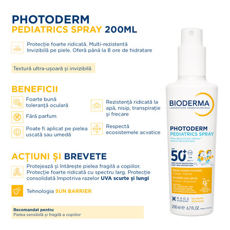 Spray protectie solara pentru copii Photoderm Pediatrics, SPF 50+, 200 ml, Bioderma 737069