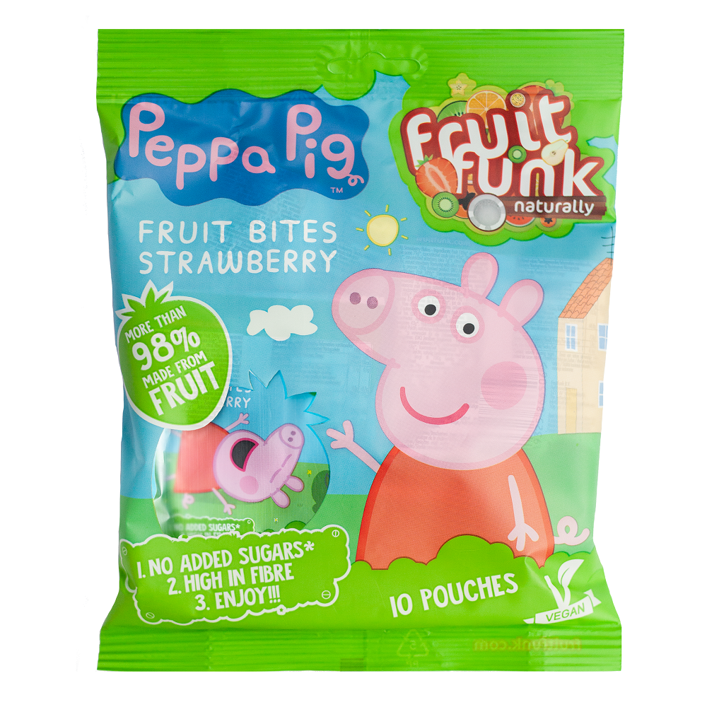 Gustare de fructe cu capsuni, vegan, fara zahar Peppa Pig, 100 g, Fruitfunk