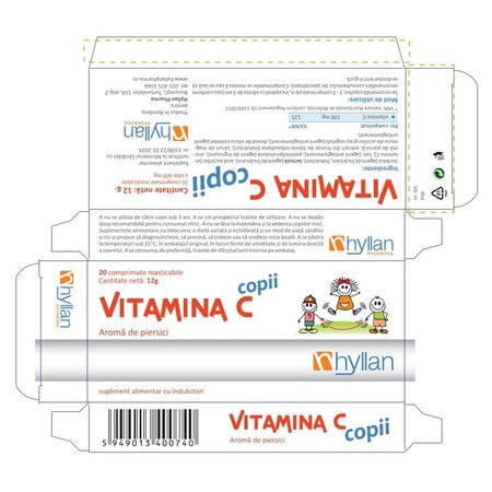 Vitamina C cu aroma de piersici pentru copii, 20 comprimate masticabile, Hyllan 702065