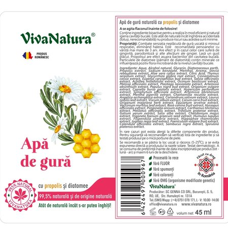 Apa de gura cu propolis si diatomee, 45 ml, Vivanatura 710179