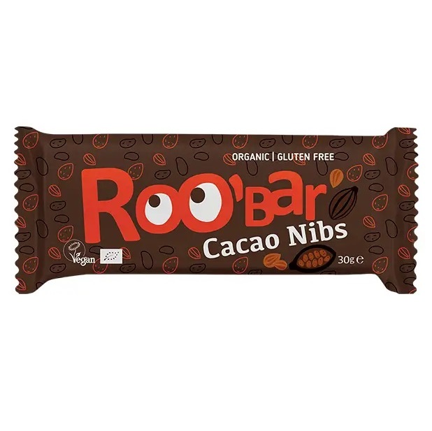 Baton raw bio fara gluten cu miez de cacao si migdale, 30 g, Roobar