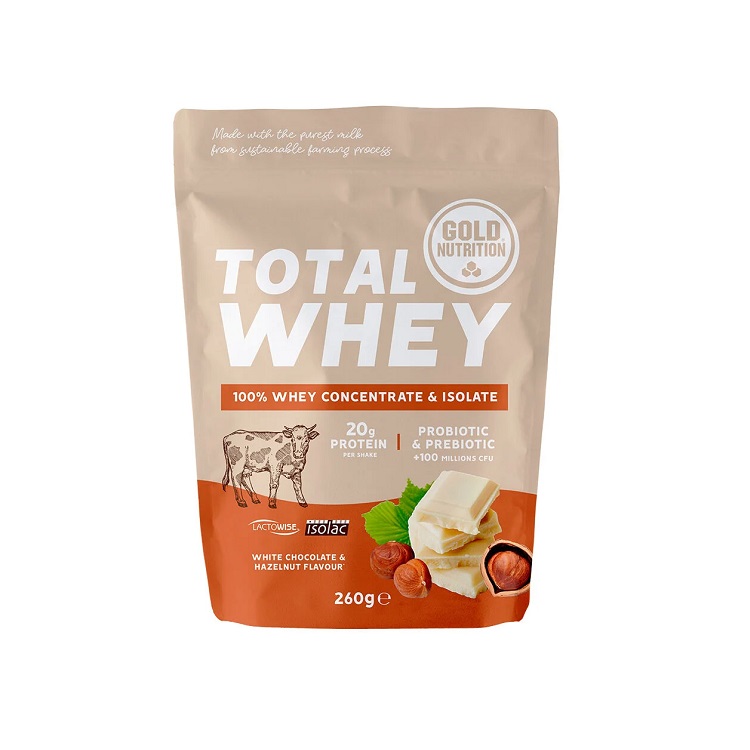 Pudra proteica Total Whey, Ciocolata alba si alune, 260 g, Gold Nutrition