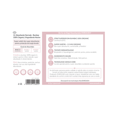 Absorbante din bumbac organic Normale, 12 bucati, Enroush 557831