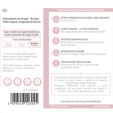 Absorbante de noapte din bumbac organic, 8 bucati, Enroush 557841