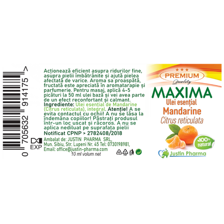 Ulei esential de mandarine Maxima, 10 ml, Justin Pharma 721915
