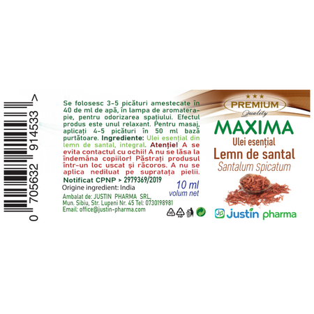Ulei esential lemn de santal Maxima, 10 ml, Justin Pharma 722031
