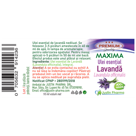 Ulei esential de lavanda Maxima, 10 ml, Justin Pharma 721929