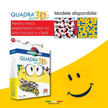 Plasturi pentru copii Quadra 3D Boys Master-Aid, 20 bucati, Pietrasanta Pharma 668045