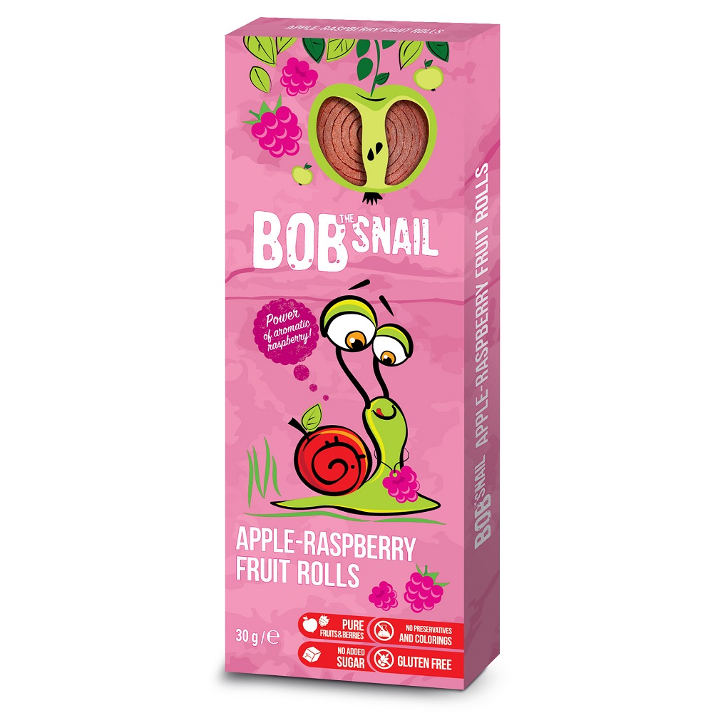 Rulou natural fara gluten din mere si zmeura, 30 g, Bob Snail