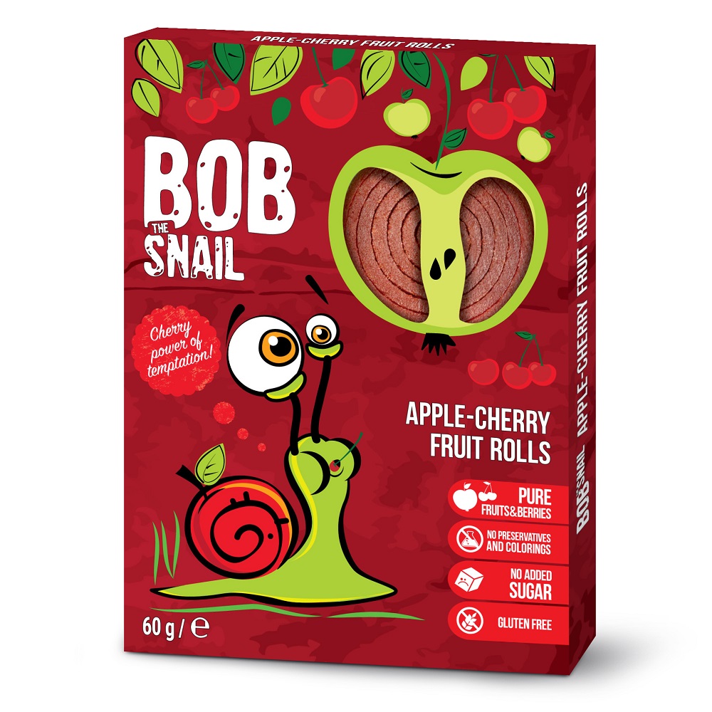 Rulou natural fara gluten din mere si cirese, 60 g, Bob Snail