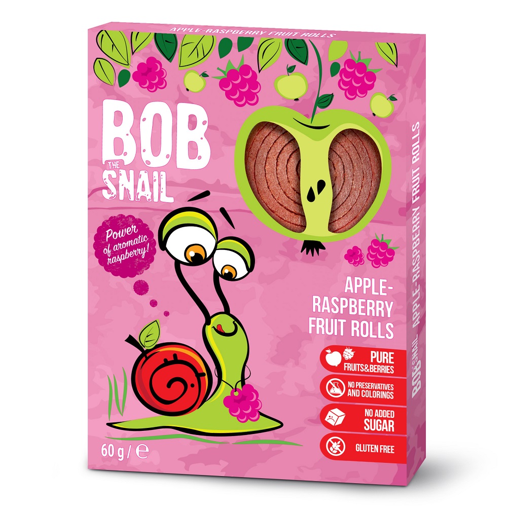 Rulou natural fara gluten din mere si zmeura, 60 g, Bob Snail