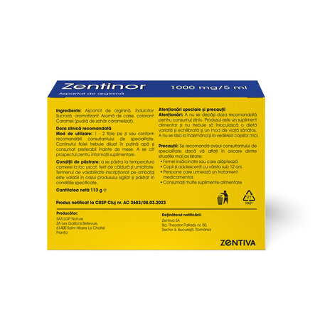 Aspartat de arginina Zentinor, 1000 mg/5 ml, 20 fiole buvabile, Zentiva 617556