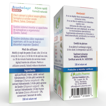 Sirop pentru tuse seaca si productiva BronhoSept Adulti, 150 ml, Justin Pharma 720131