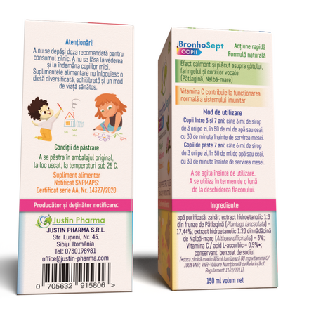 Sirop pentru tuse seaca si productiva BronhoSept Copii, 150 ml, Justin Pharma 720135
