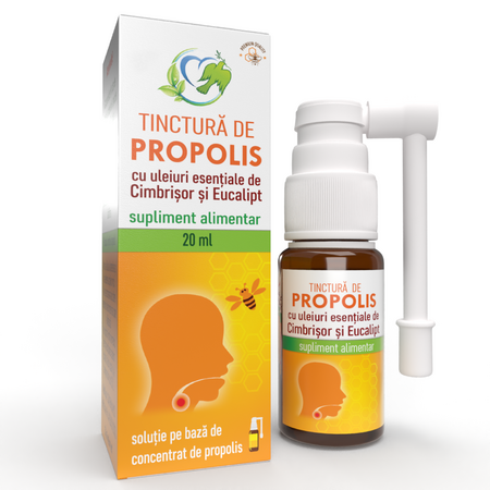 Tinctura de propolis cu uleiuri esentiale de cimbrisor si eucalipt, 20 ml, Justin Pharma