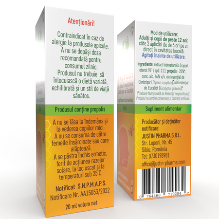 Tinctura de propolis cu uleiuri esentiale de cimbrisor si eucalipt, 20 ml, Justin Pharma 720376
