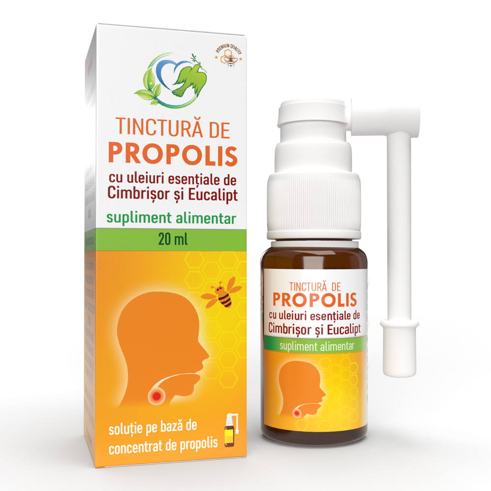 Tinctura de propolis cu uleiuri esentiale de cimbrisor si eucalipt, 20 ml, Justin Pharma