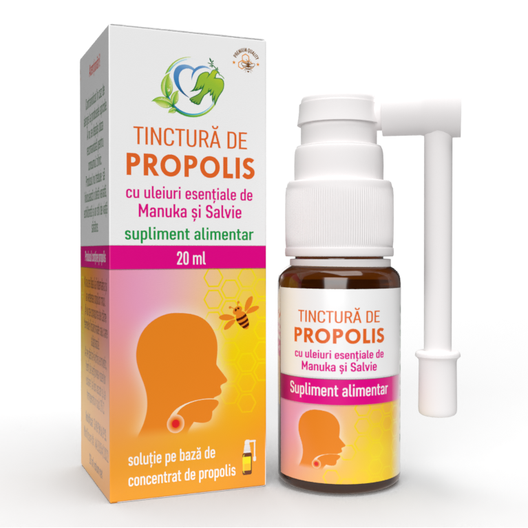 Tinctura de propolis cu uleiuri esentaile de manuka si salvie, 20 ml, Justin Pharma