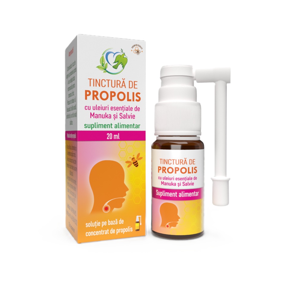 Tinctura de propolis cu uleiuri esentaile de manuka si salvie, 20 ml, Justin Pharma