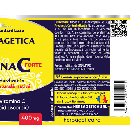 Vitamina C Forte, 400 mg, 120 capsule, Herbagetica 688999