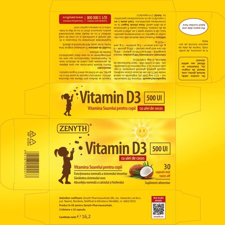 Vitamina D3 pentru copii, 500 UI, 30 capsule moi, Zenyth 702612