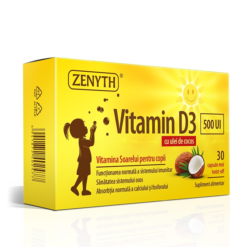 Vitamina D3 pentru copii, 500 UI, 30 capsule moi, Zenyth