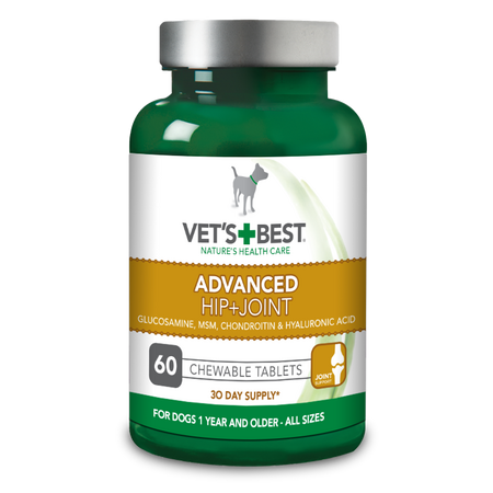 Supliment cu glucozamina, MSM, condroitina si acid hialuronic Advanced Hip and Joint, 60 tablete masticabile, Vet's Best