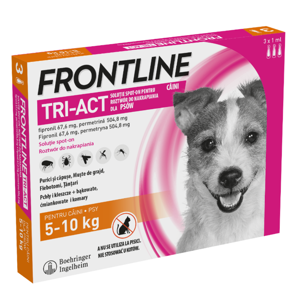 Frontline Tri-Act solutie spot-on pentru câini de 5-10 kg, 3 pipete x 1 ml, Frontline