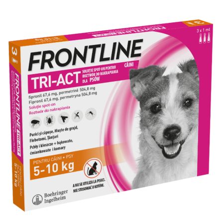 Frontline Tri-Act solutie spot-on pentru câini de 5-10 kg, 3 pipete x 1 ml, Frontline
