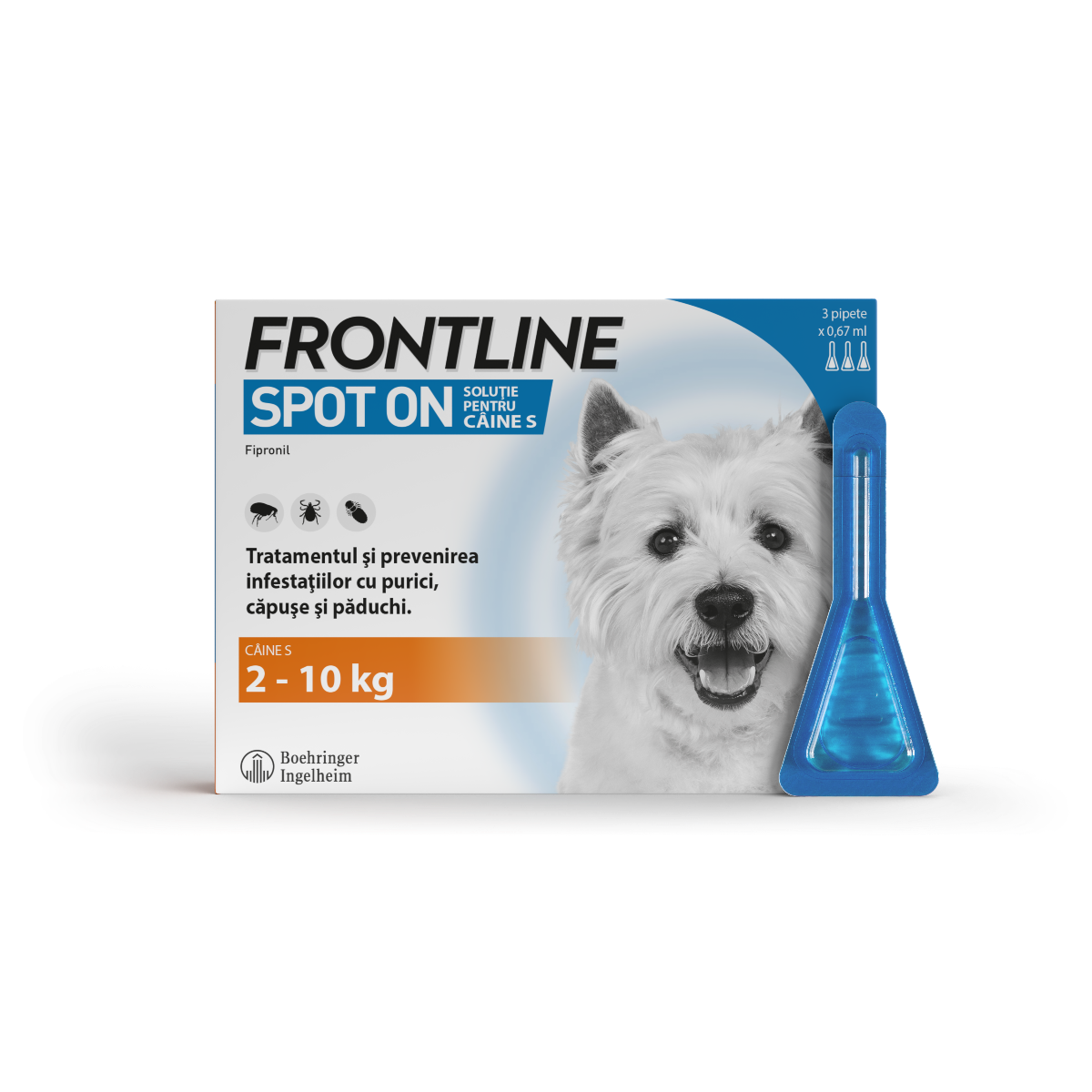 Frontline Spot On S pentru caini 2-10 kg, 3 pipete, Frontline