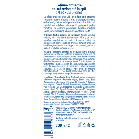 Emulsie plaja rezistenta la apa cu ulei de catina SPF 30, 200 ml, Cosmetic Plant 712168