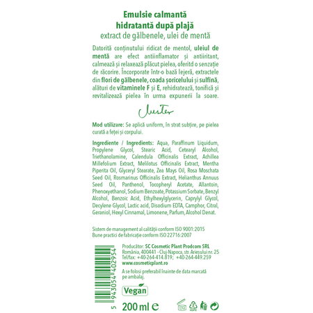 Emulsie calmanta-hidratanta dupa plaja cu ulei de menta si extract de galbenele, 200 ml, Cosmetic Plant 712186