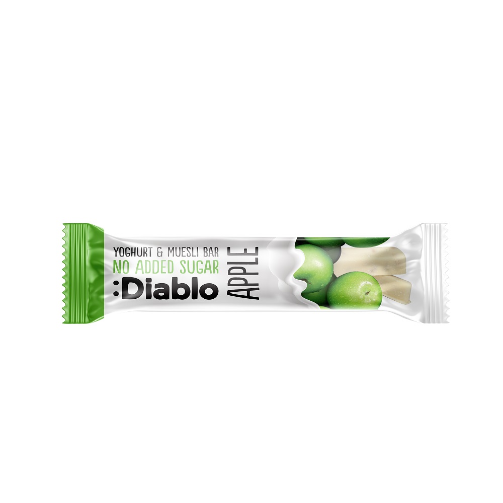 Baton muesli fara zahar cu mere si invelis din iaurt, 30 g, Diablo