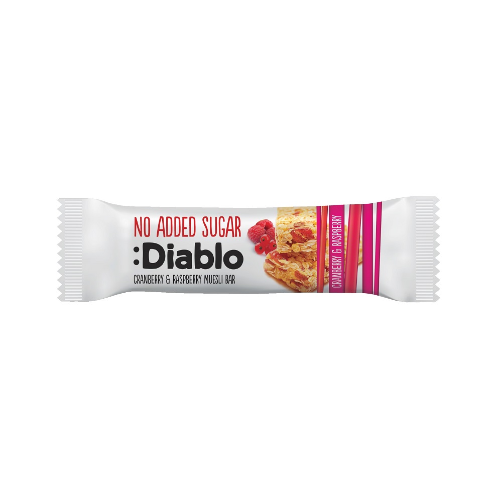 Baton muesli fara zahar cu merisoare si zmeura, 30 g, Diablo