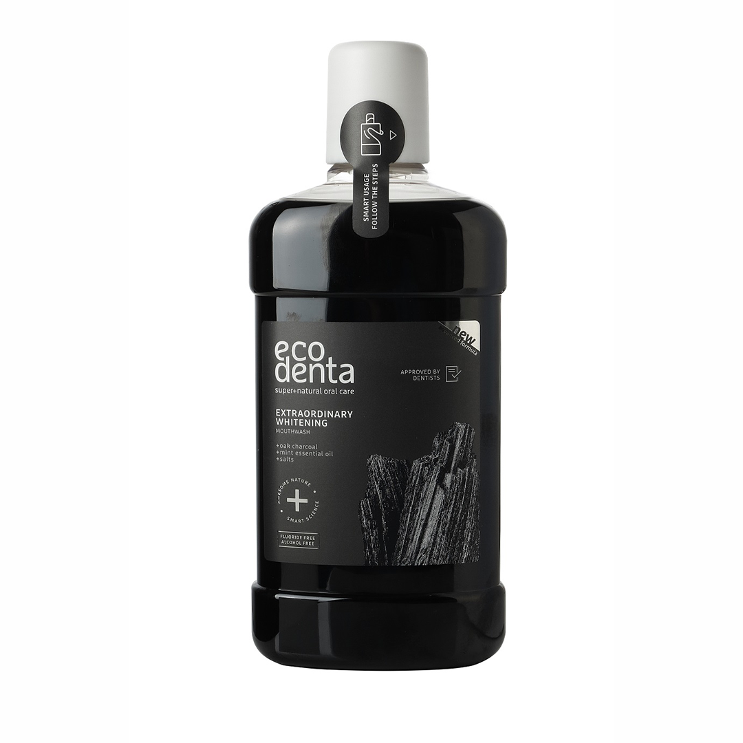 Apa de gura cu carbune cu efect extra albire, 500 ml, Ecodenta