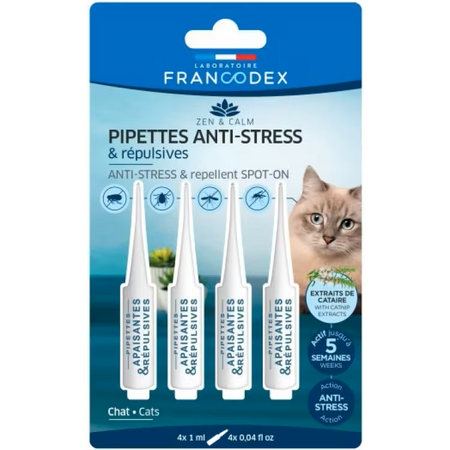 Pipete antistres & repelente antiparazitare pentru pisici, 4 pipete x 1 ml, Francodex