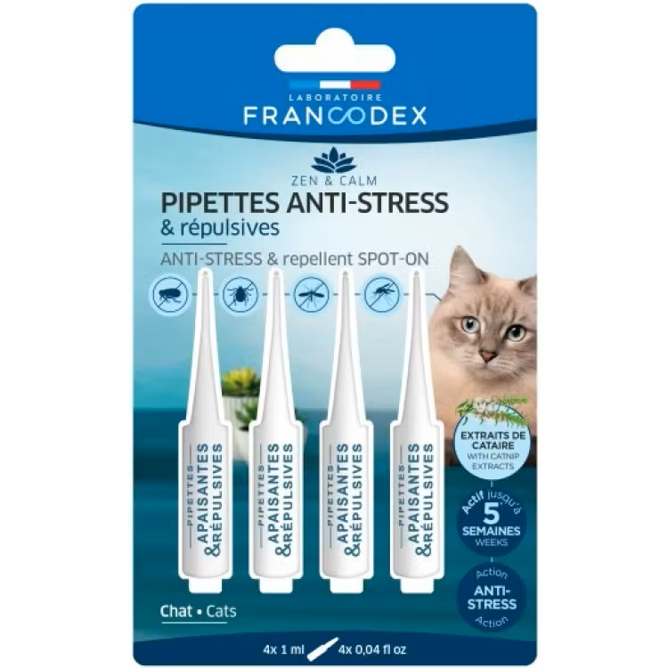 Pipete antistres & repelente antiparazitare pentru pisici, 4 pipete x 1 ml, Francodex