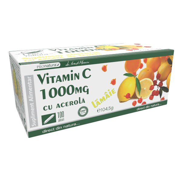 Vitamina C cu acerola si lamaie 1000 mg, 100 plicuri, Pro Natura