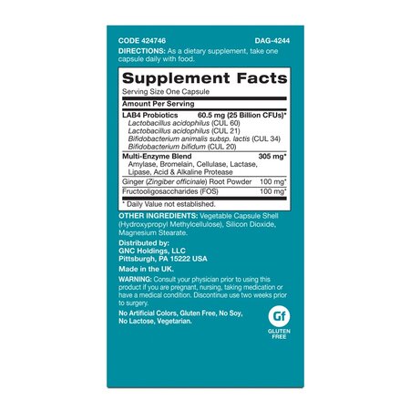 Probiotic cu enzime digestive si ghimbir Gut Health, 25 Miliarde UFC culturii vii, 60 capsule, GNC 693719