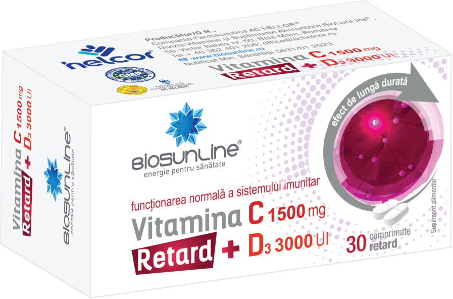 Vitamina C 1500 mg + D3 3000 UI Retard Biosunline, 30 comprimate, AC Helcor