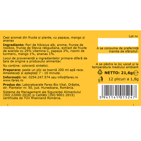 Ceai rece cu papaya mango si ananas, 12 plicuri, Fares 621003