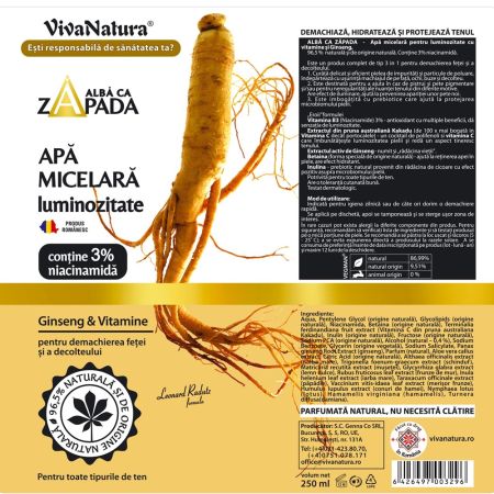 Apa micelara pentru luminozitate cu ginseng si vitamine, 250 ml, Vivanatura 710211