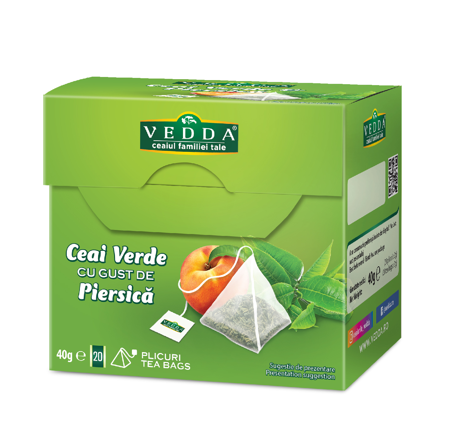 Ceai verde & piersica, 20 plicuri piramida, Vedda