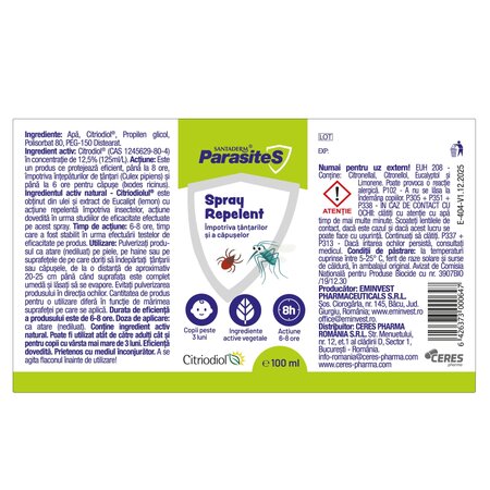 Spray repelent impotriva tantarilor si a capuselor Parasites Santaderm, 100 ml, Viva Pharma 741465