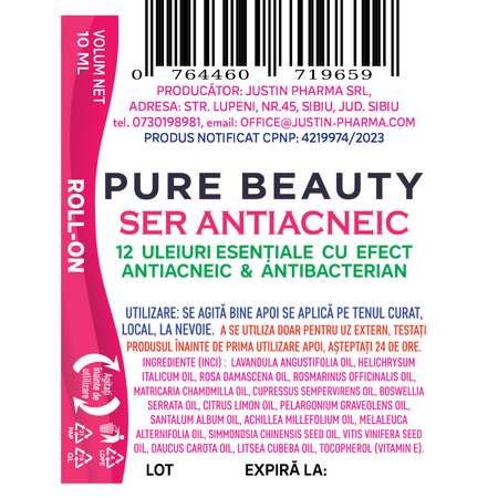 Ser roll-on antiacneic Pure Beauty, 10 ml, Justin Pharma 727749