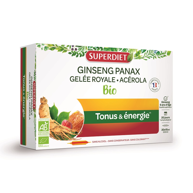 Ginseng Panax, laptisor de matca si acerola Bio, 20 fiole x 15 ml, Superdiet