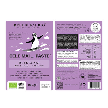 Paste eco, fara gluten, din orez, naut, turmeric Reteta nr. 1, 250 g, Republica Bio 702209