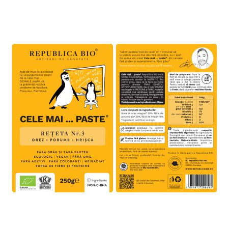 Paste eco, fara gluten, din orez, porumb, hrisca Reteta nr. 3, 250 g, Republica Bio 702274