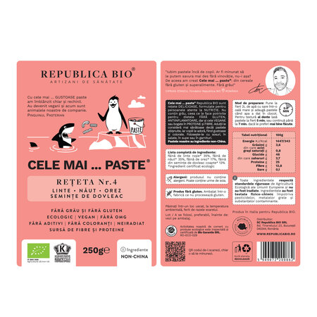 Paste eco, fara gluten, din linte, naut, orez, seminte de dovleac Reteta nr. 4, 250 g, Republica Bio 702231
