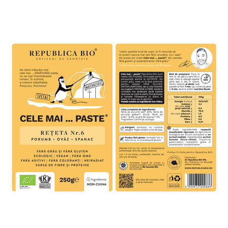 Paste eco, fara gluten, din porumb, ovaz, spanac Reteta nr. 6, 250 g, Republica Bio 702256
